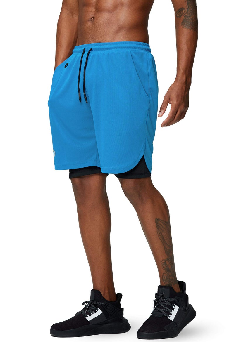 Pinkbomb Men's 2 in 1 Running Shorts Gym Workout Quick Dry Mens Shorts with Phone Pocket (Light Blue, Large - Image 4